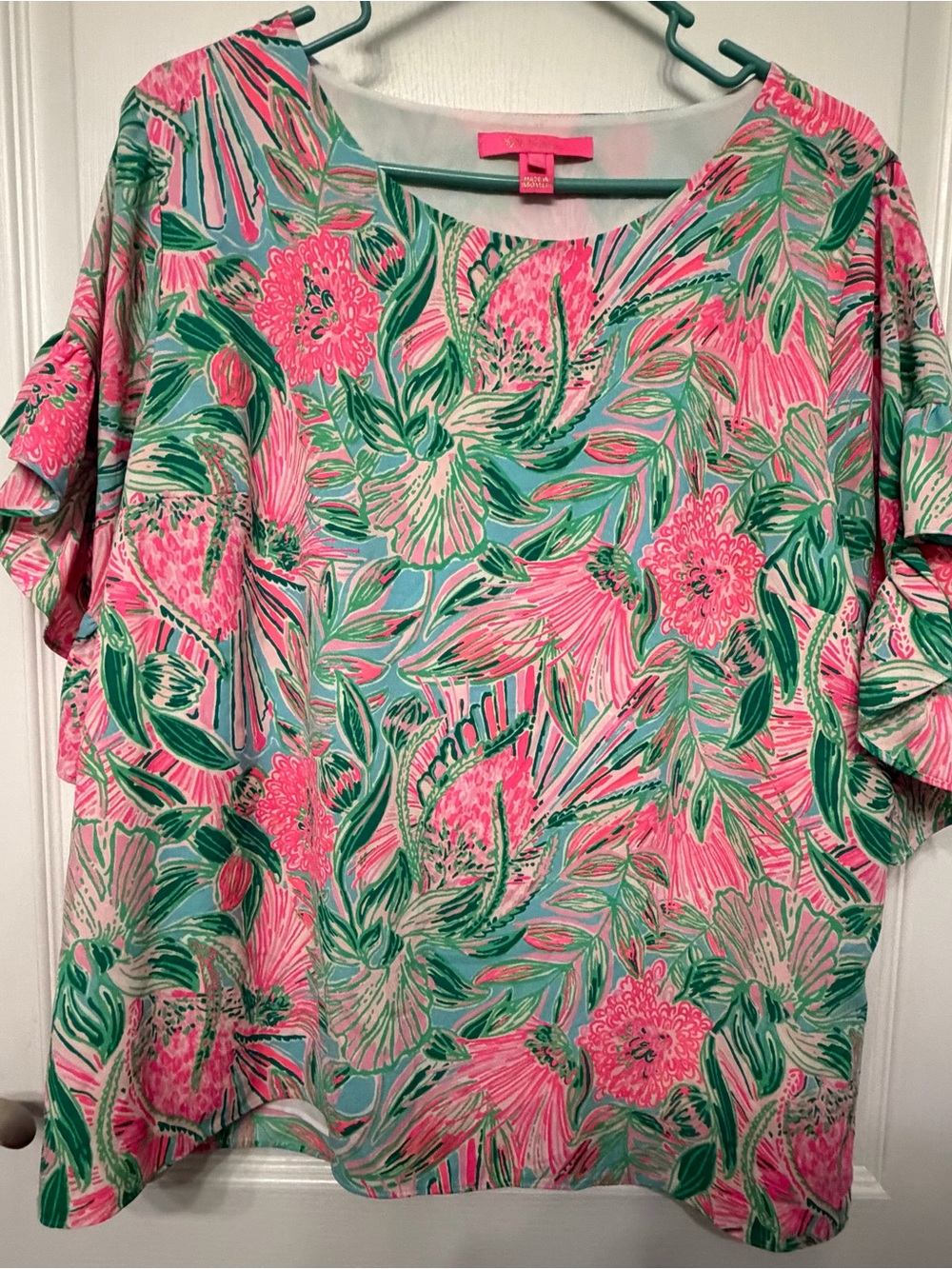Lilly Pulitzer Darlah Pink & Green Floral Ruffle-Sleeve Top-XL